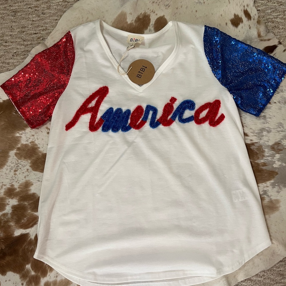 Bibi Women Shirt with Red and Blue Sequin Sleeves NWT Small